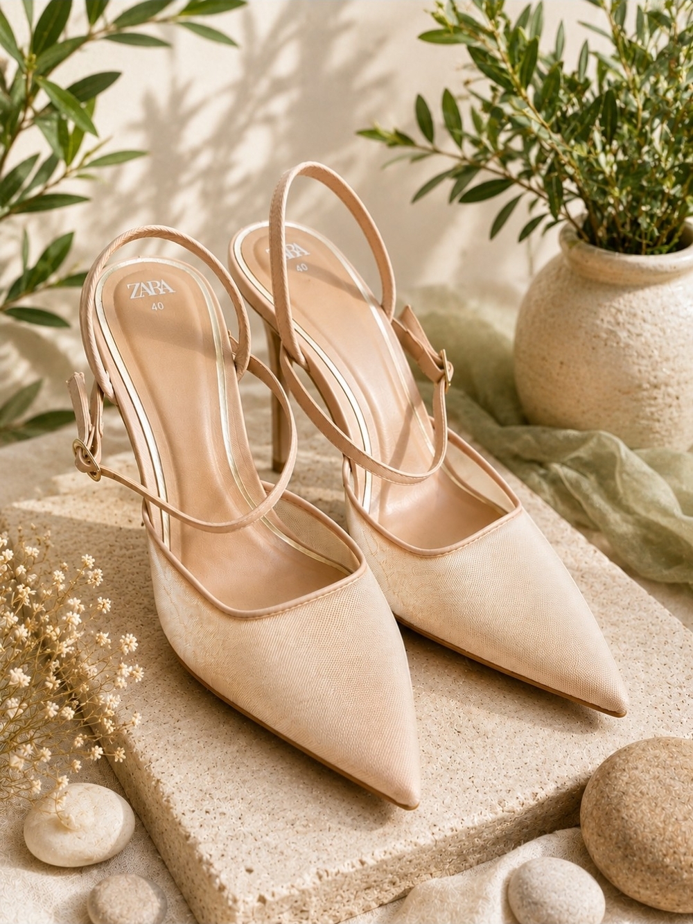 ZARA Beige Pointed Slingback Pumps - Elegant Women's Heels- Size 40